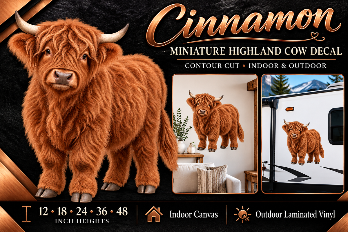 Cinnamon miniature Highland cow decal summary — 12 to 48 inch heights