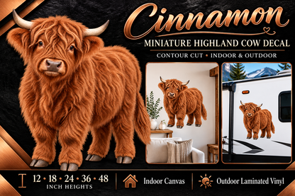 Cinnamon miniature Highland cow decal summary — 12 to 48 inch heights