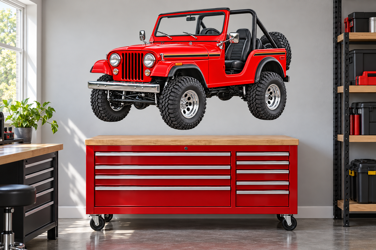 1976 Jeep CJ-5 Firecracker Red garage mockup