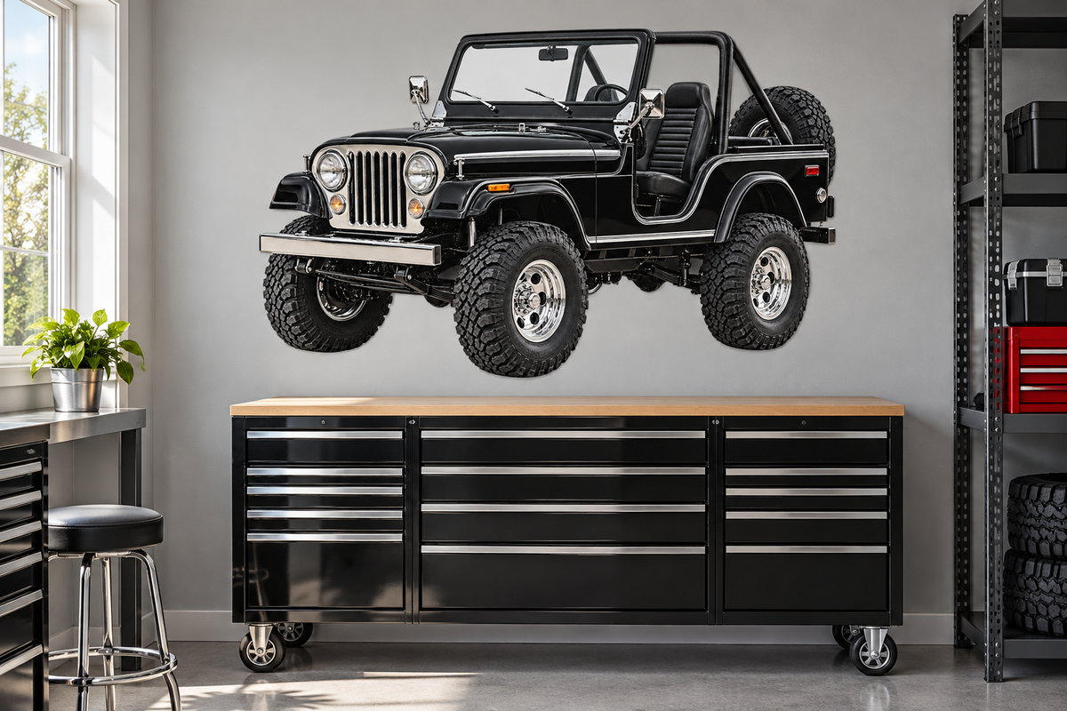 1983 Jeep CJ-5 Jet Black & Silver garage mockup