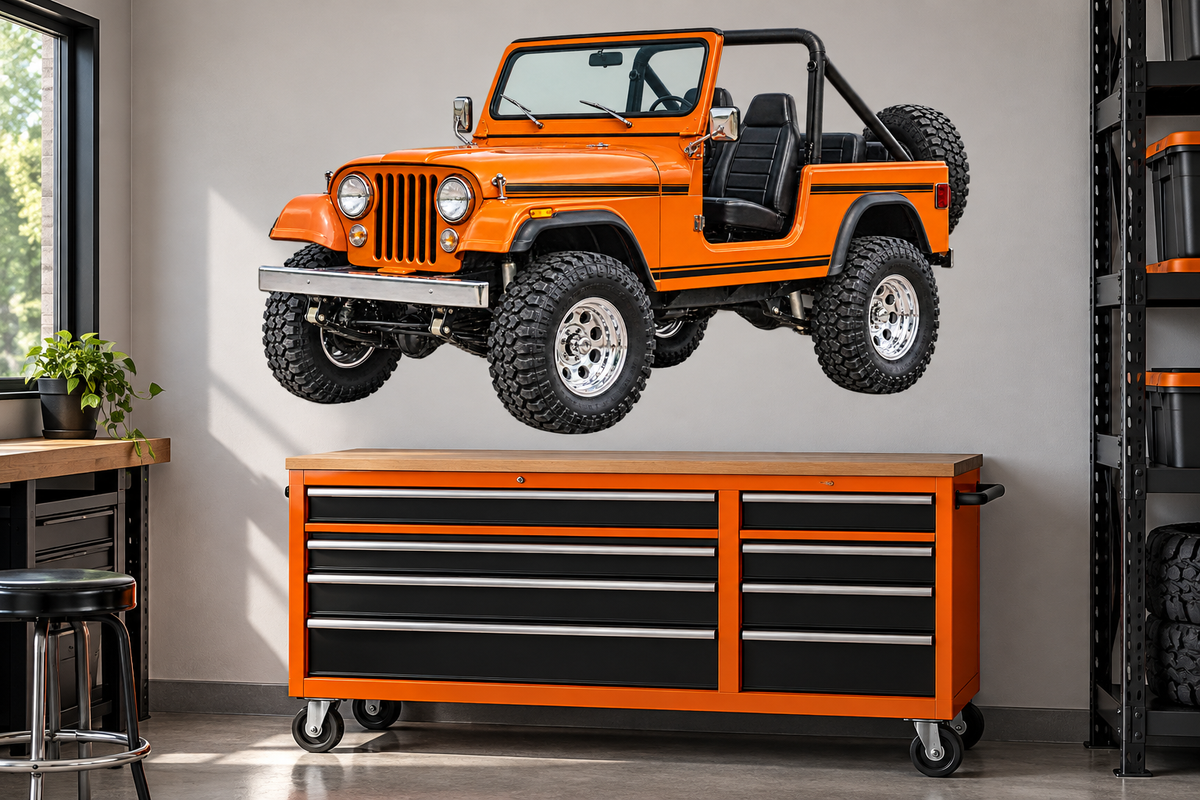 1976 Jeep CJ-7 Sunset Orange garage mockup