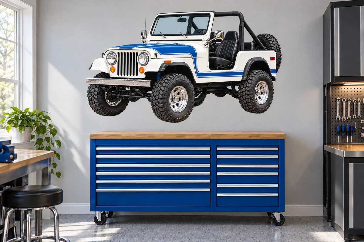 1978 Jeep CJ-7 Alpine White & Blue garage mockup
