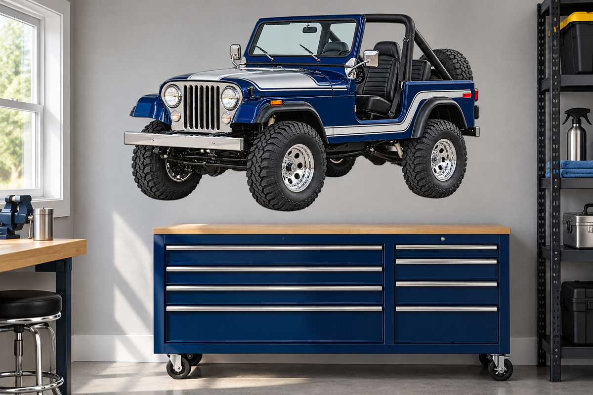 1983 Jeep CJ-7 Midnight Blue & Silver garage mockup