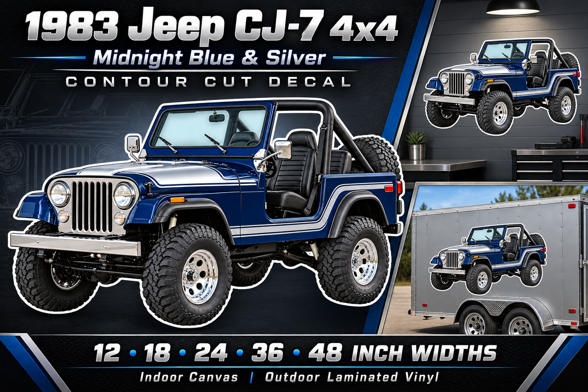 1983 Jeep CJ-7 Midnight Blue & Silver decal showcase