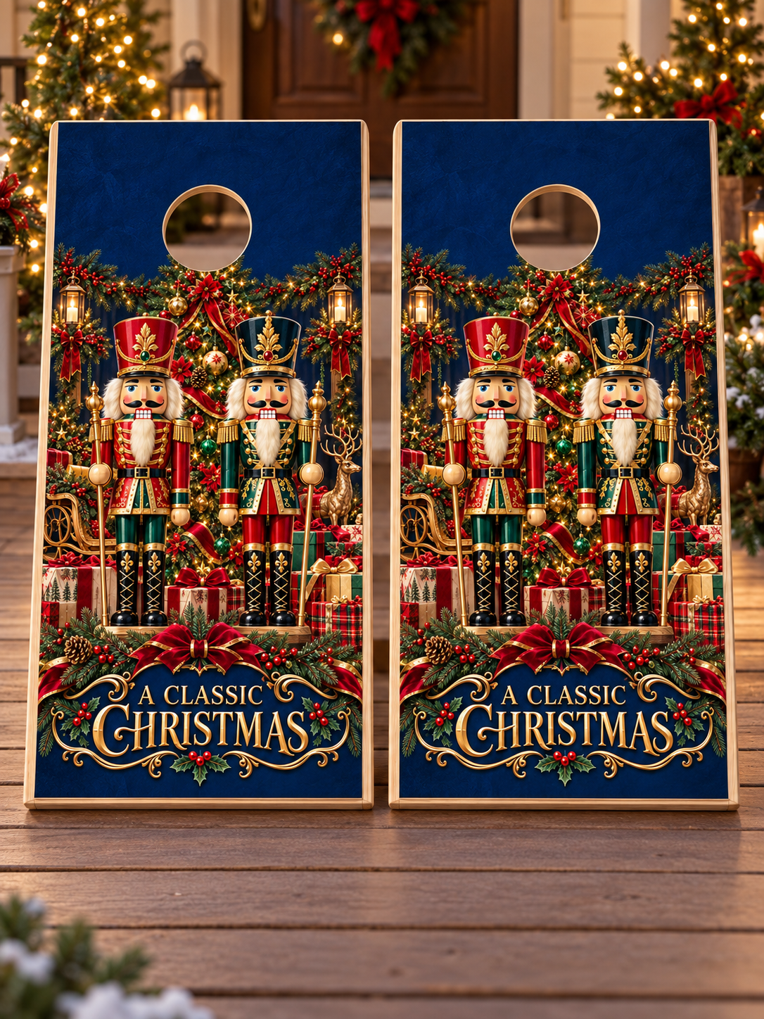 Classic Christmas Nutcracker Cornhole Board Wraps board pair mockup