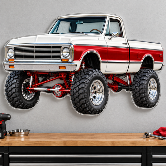 Pearl White & Red classic lifted truck contour cut acrylic wall sign — wall mockup