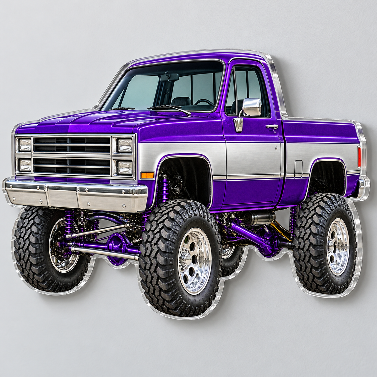 Purple & Silver classic lifted truck contour cut acrylic wall sign — angle mockup