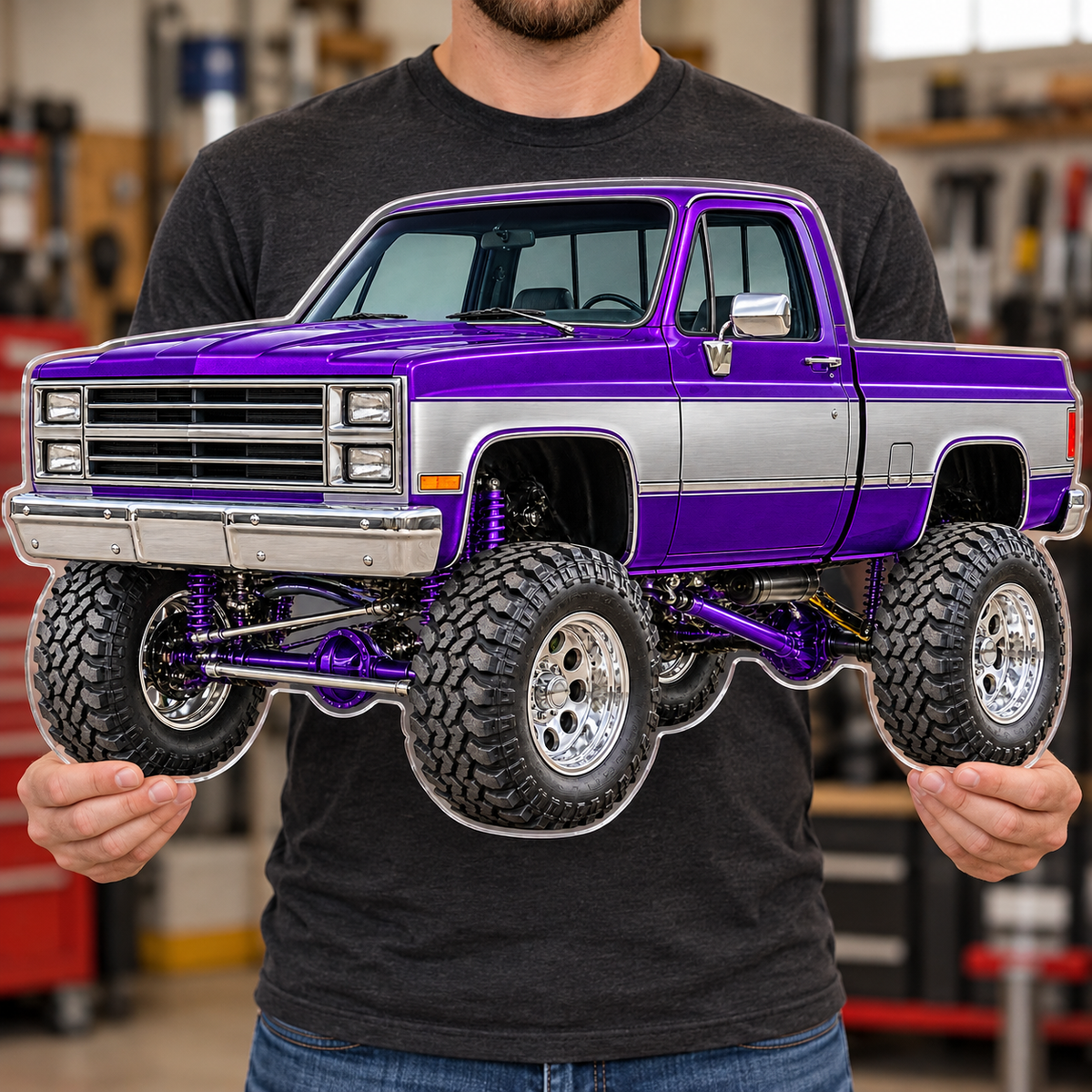 Purple & Silver classic lifted truck contour cut acrylic wall sign — held mockup