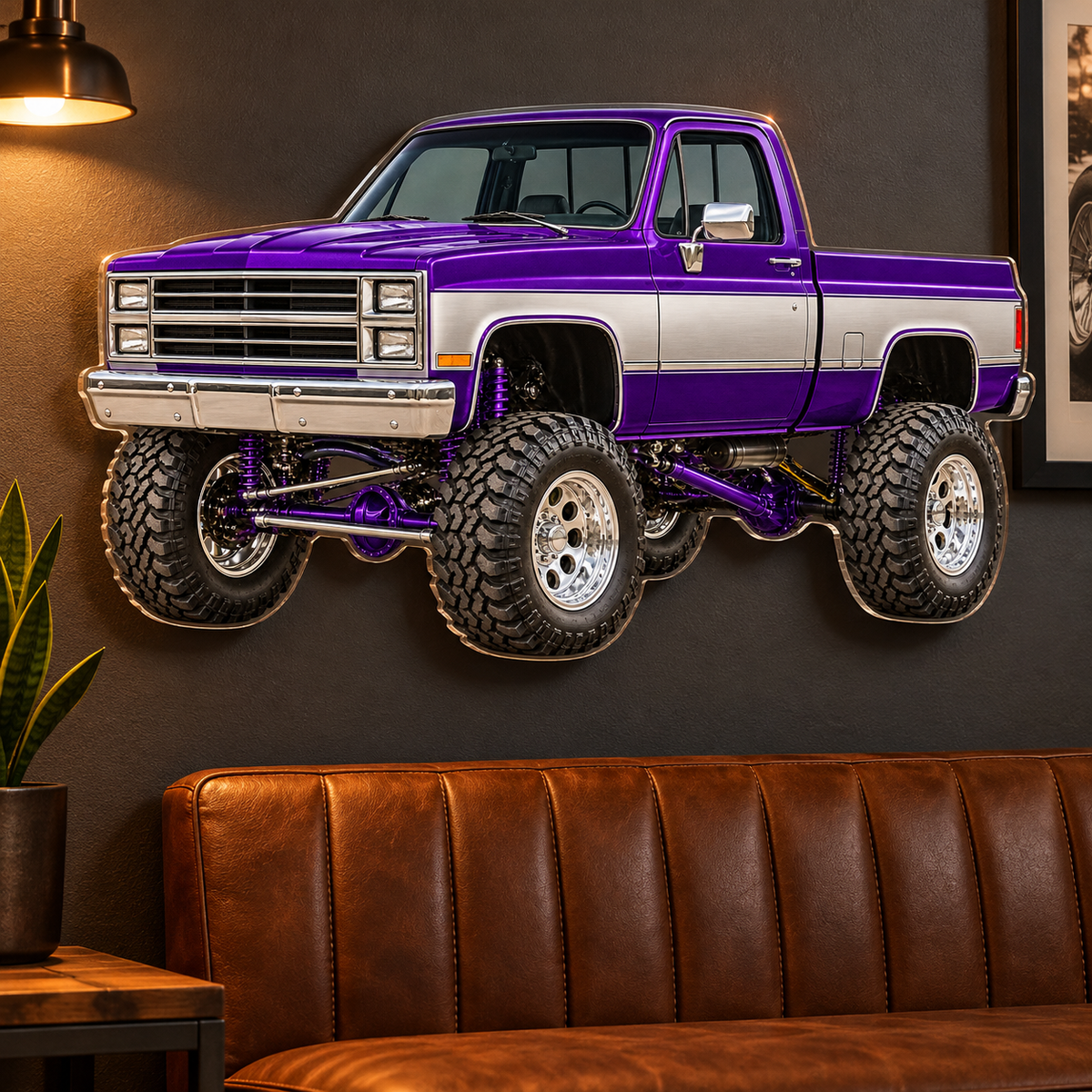 Purple & Silver classic lifted truck contour cut acrylic wall sign — lounge mockup