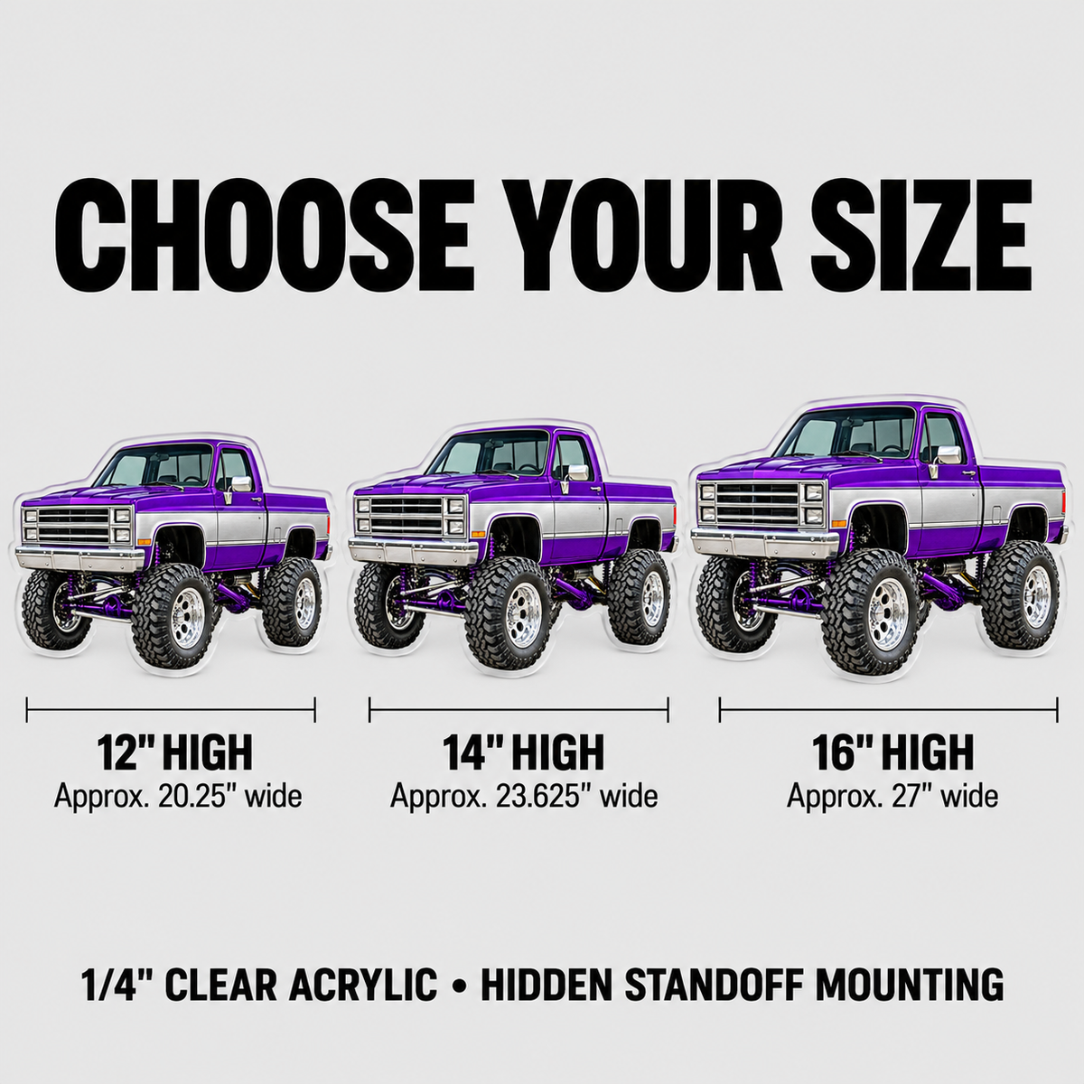 Purple & Silver classic lifted truck contour cut acrylic wall sign — sizes mockup