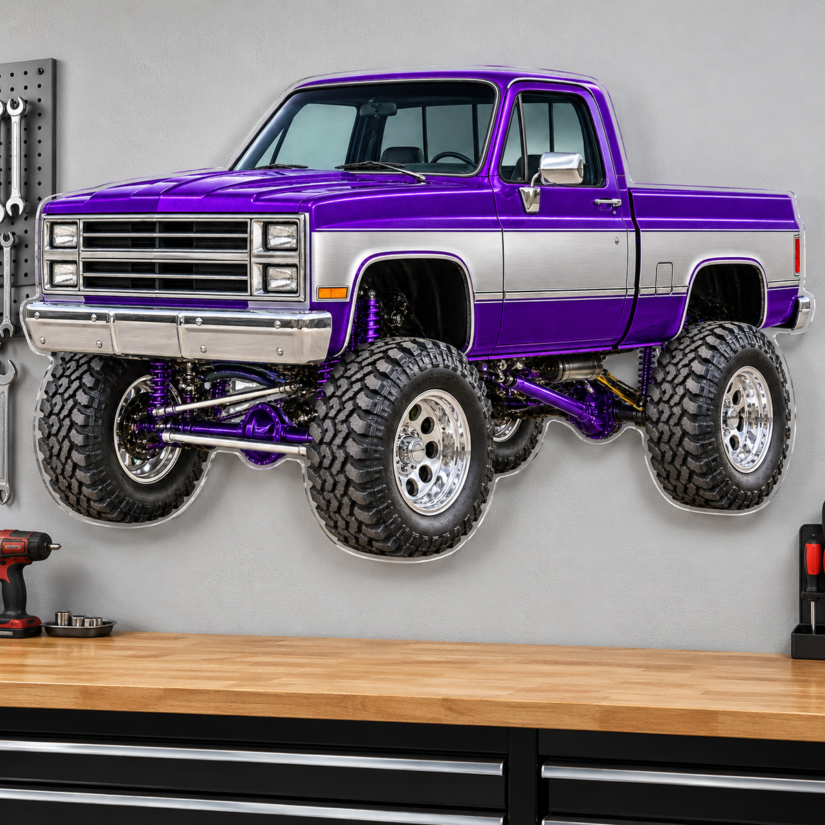 Purple & Silver classic lifted truck contour cut acrylic wall sign — wall mockup