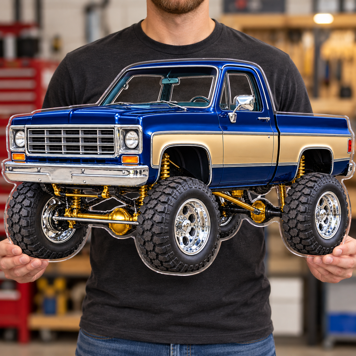 Midnight Blue & Gold classic lifted truck contour cut acrylic wall sign — held mockup
