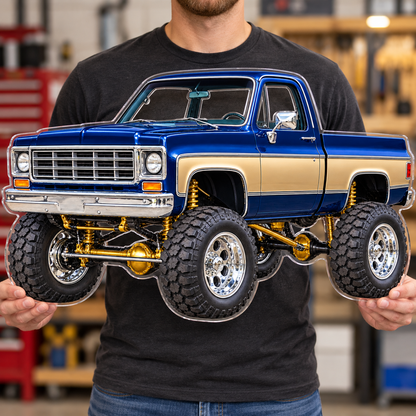 Midnight Blue & Gold classic lifted truck contour cut acrylic wall sign — held mockup