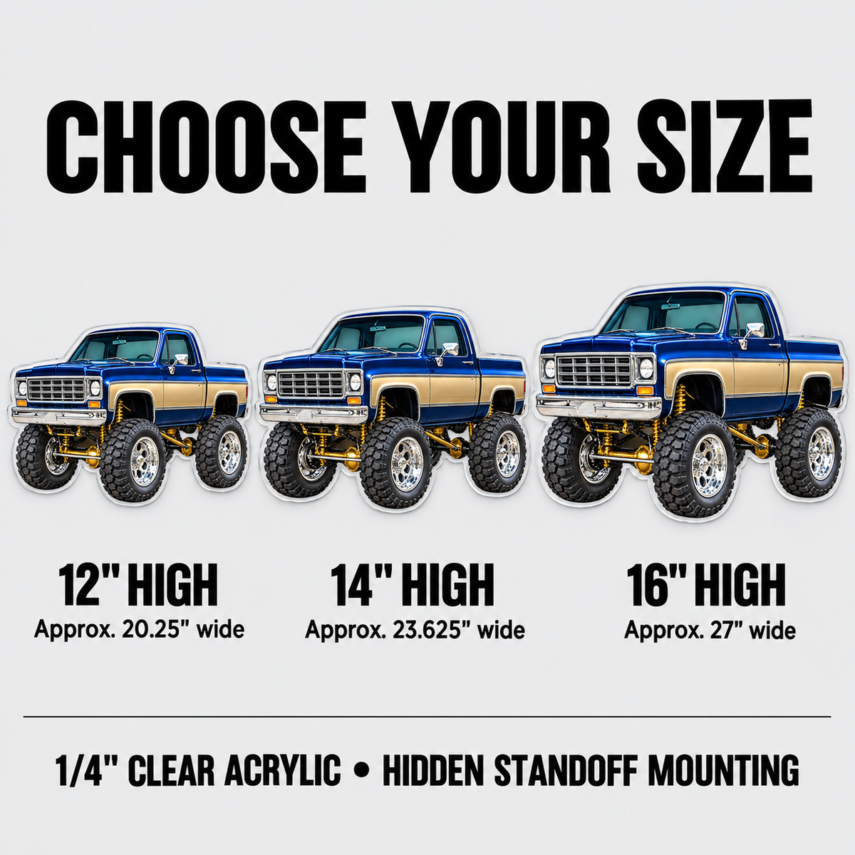 Midnight Blue & Gold classic lifted truck contour cut acrylic wall sign — sizes mockup