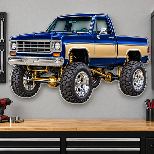 Midnight Blue & Gold classic lifted truck contour cut acrylic wall sign — wall mockup