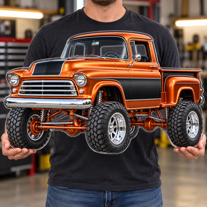 Copper & Black classic lifted truck contour cut acrylic wall sign — held mockup