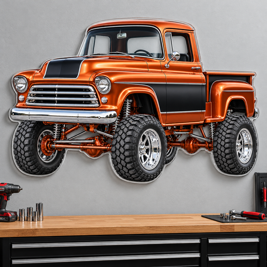 Copper & Black classic lifted truck contour cut acrylic wall sign — wall mockup