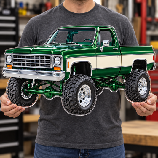 Forest Green & Cream classic lifted truck contour cut acrylic wall sign — held mockup