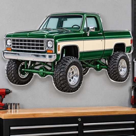 Forest Green & Cream classic lifted truck contour cut acrylic wall sign — wall mockup