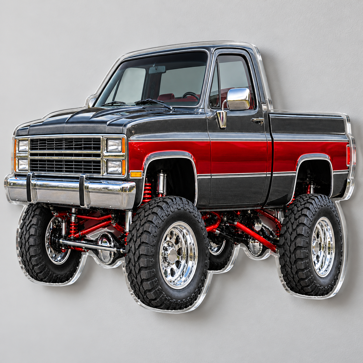 Charcoal & Red classic lifted truck contour cut acrylic wall sign — angle mockup