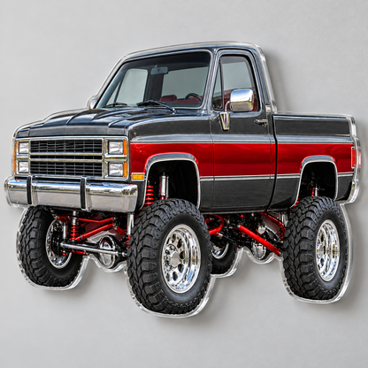 Charcoal & Red classic lifted truck contour cut acrylic wall sign — angle mockup