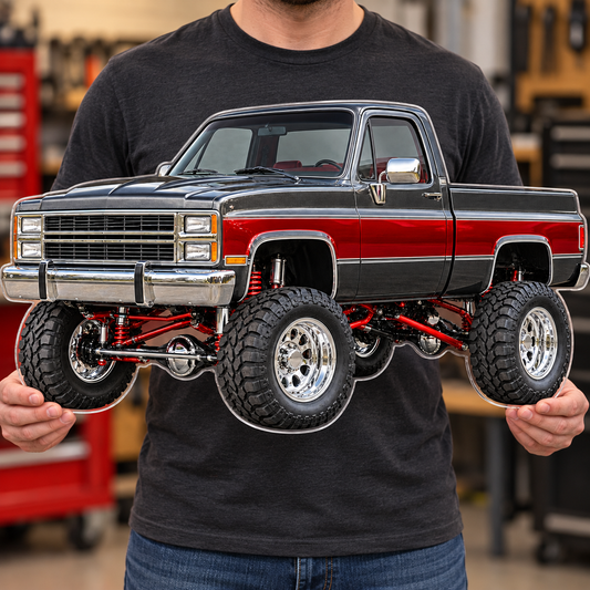 Charcoal & Red classic lifted truck contour cut acrylic wall sign — held mockup