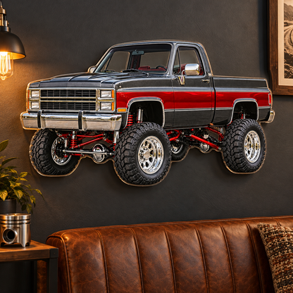 Charcoal & Red classic lifted truck contour cut acrylic wall sign — lounge mockup