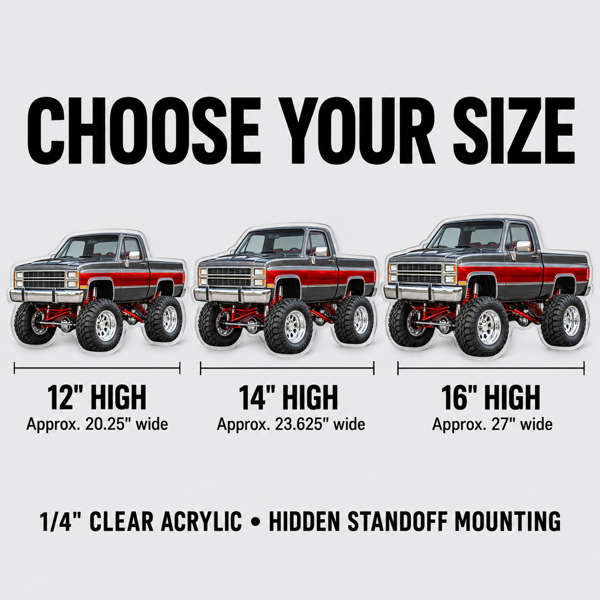 Charcoal & Red classic lifted truck contour cut acrylic wall sign — sizes mockup