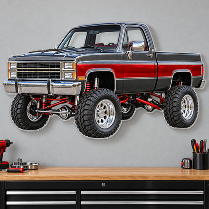 Charcoal & Red classic lifted truck contour cut acrylic wall sign — wall mockup