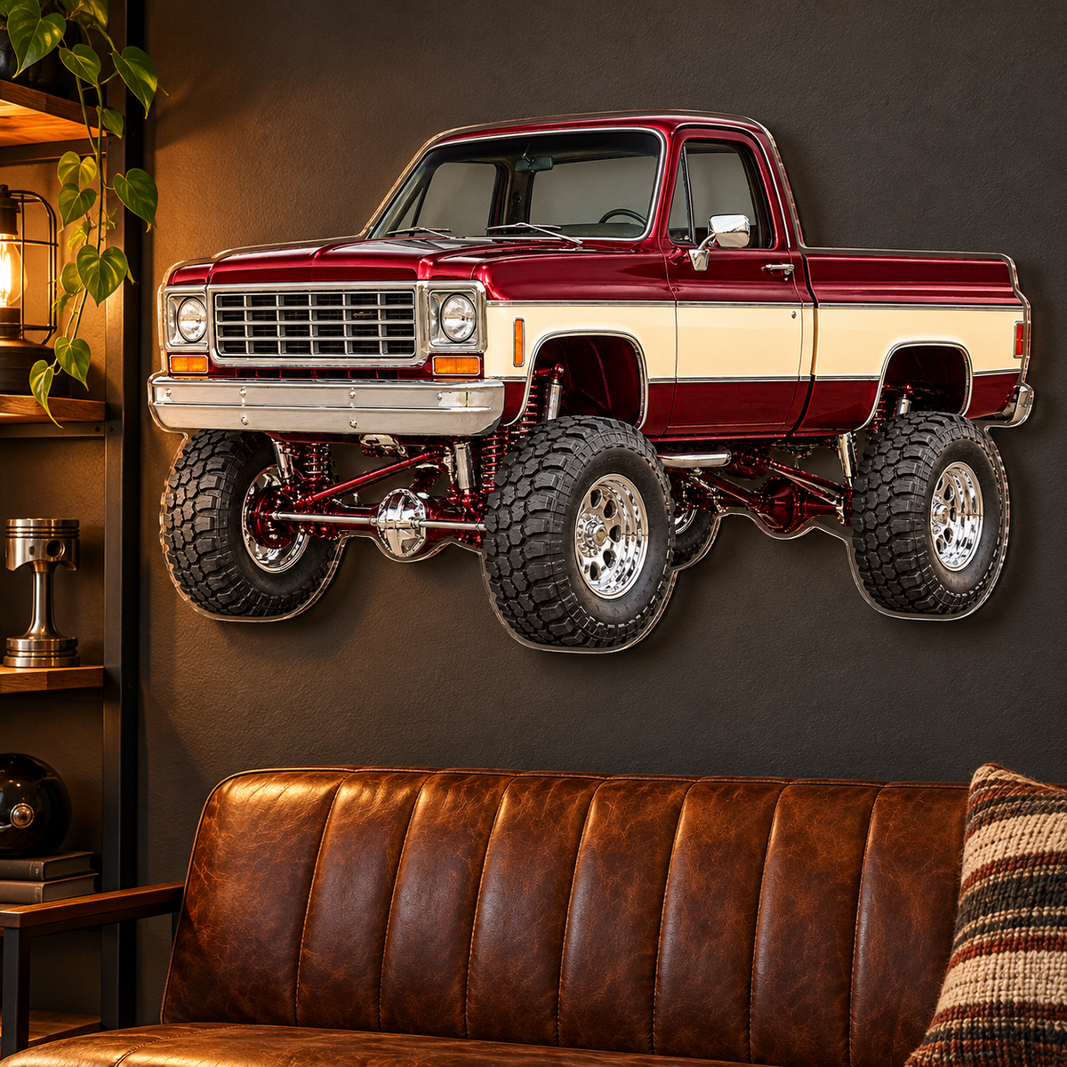 Burgundy & Cream classic lifted truck contour cut acrylic wall sign — lounge mockup