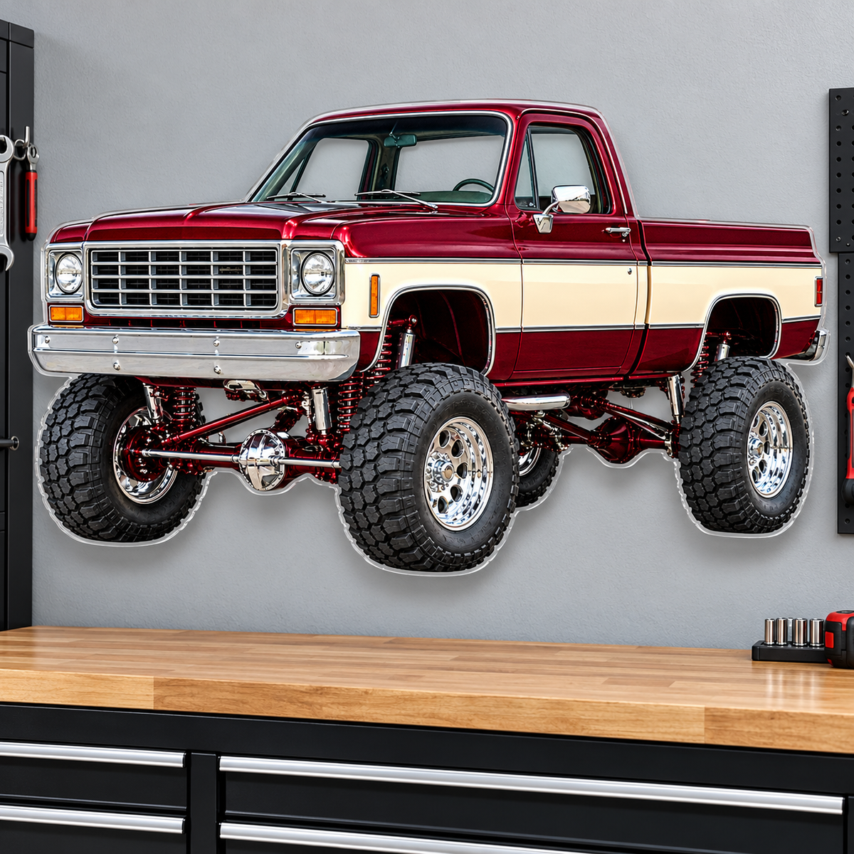 Burgundy & Cream classic lifted truck contour cut acrylic wall sign — wall mockup