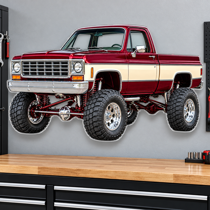 Burgundy & Cream classic lifted truck contour cut acrylic wall sign — wall mockup