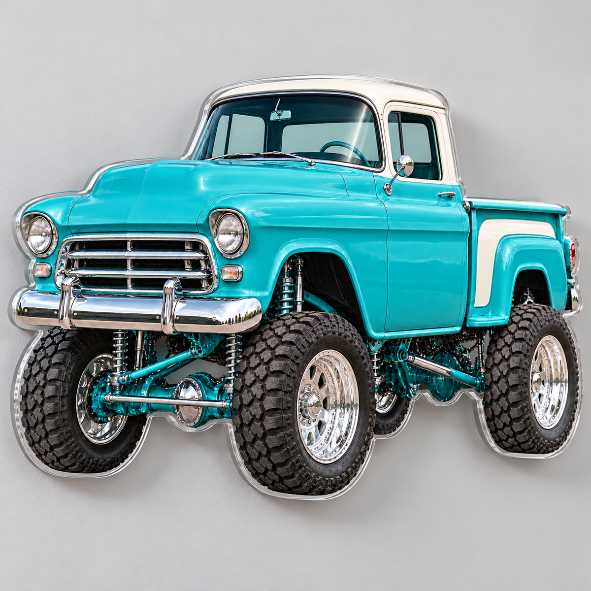 Turquoise & White classic lifted truck contour cut acrylic wall sign — angle mockup