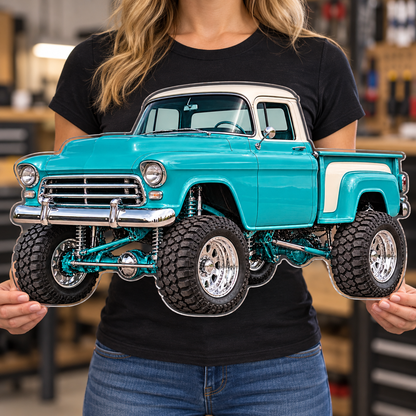 Turquoise & White classic lifted truck contour cut acrylic wall sign — held mockup