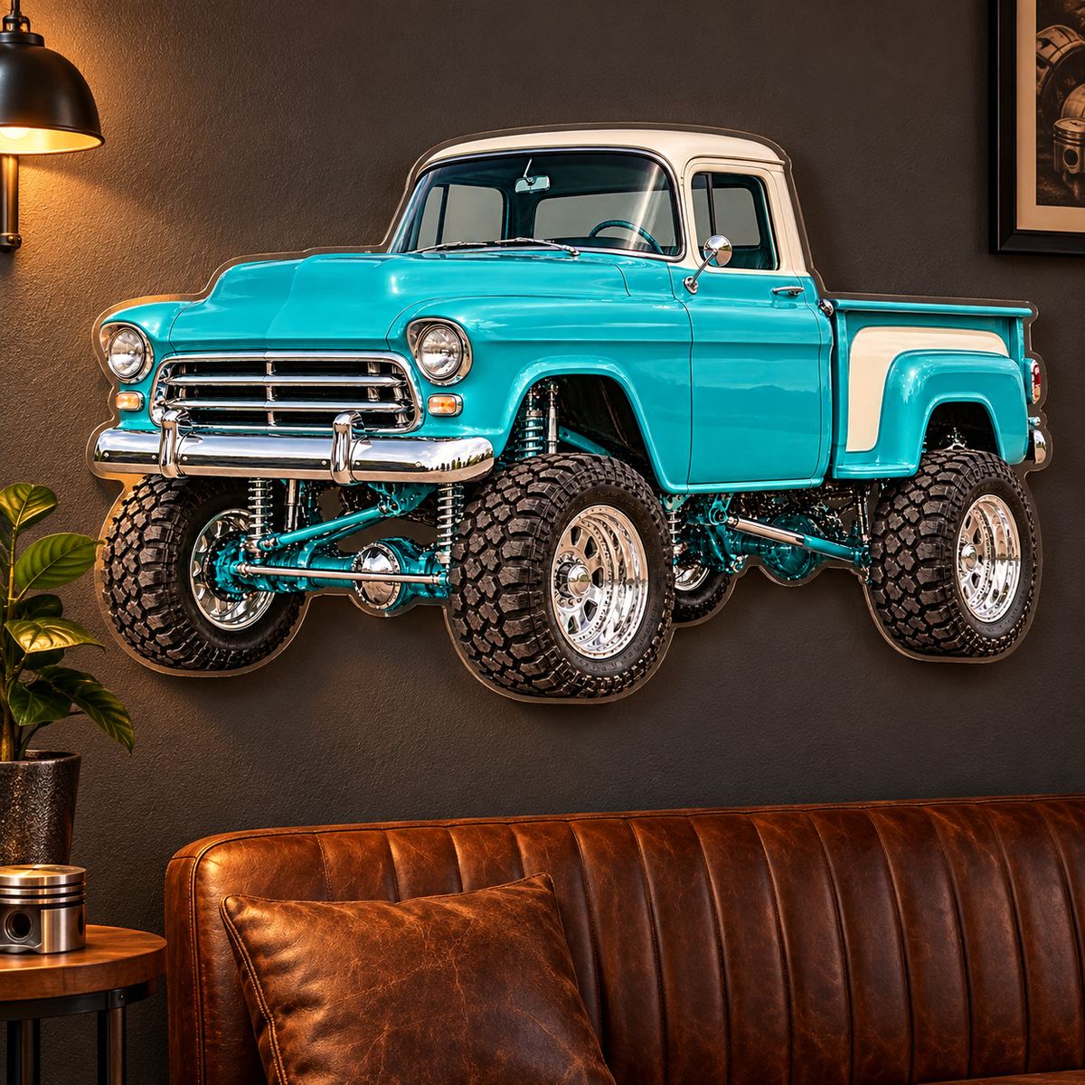 Turquoise & White classic lifted truck contour cut acrylic wall sign — lounge mockup