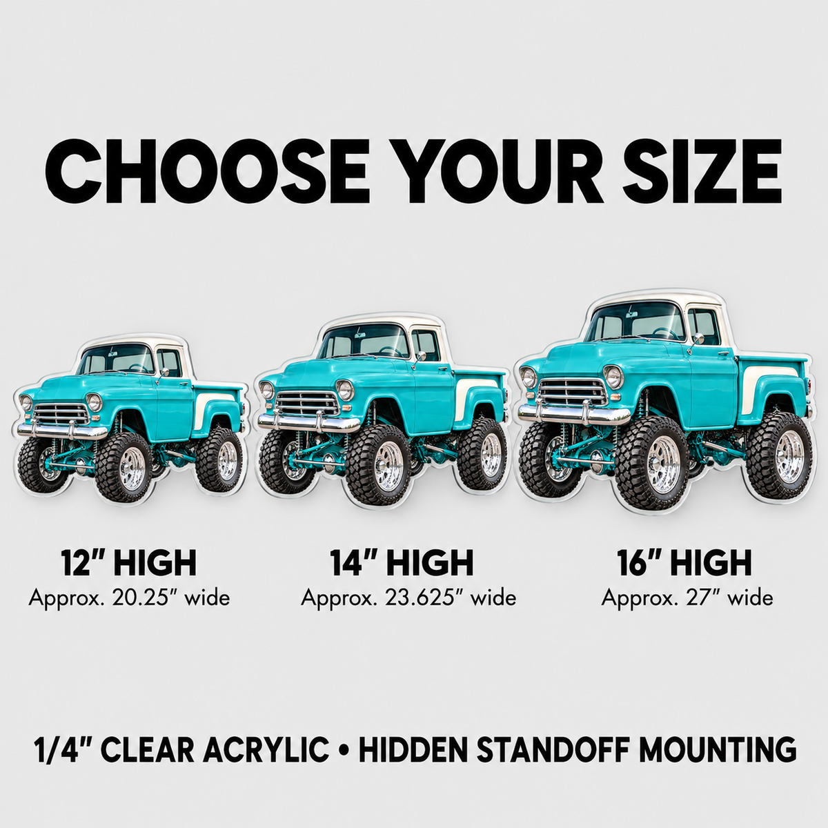 Turquoise & White classic lifted truck contour cut acrylic wall sign — sizes mockup