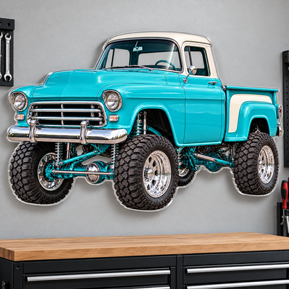 Turquoise & White classic lifted truck contour cut acrylic wall sign — wall mockup