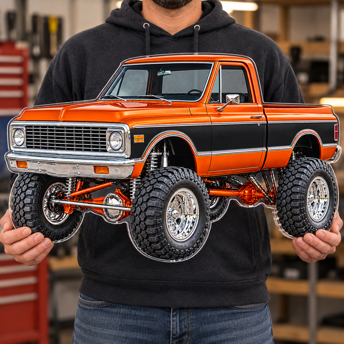 Orange & Black classic lifted truck contour cut acrylic wall sign — held mockup