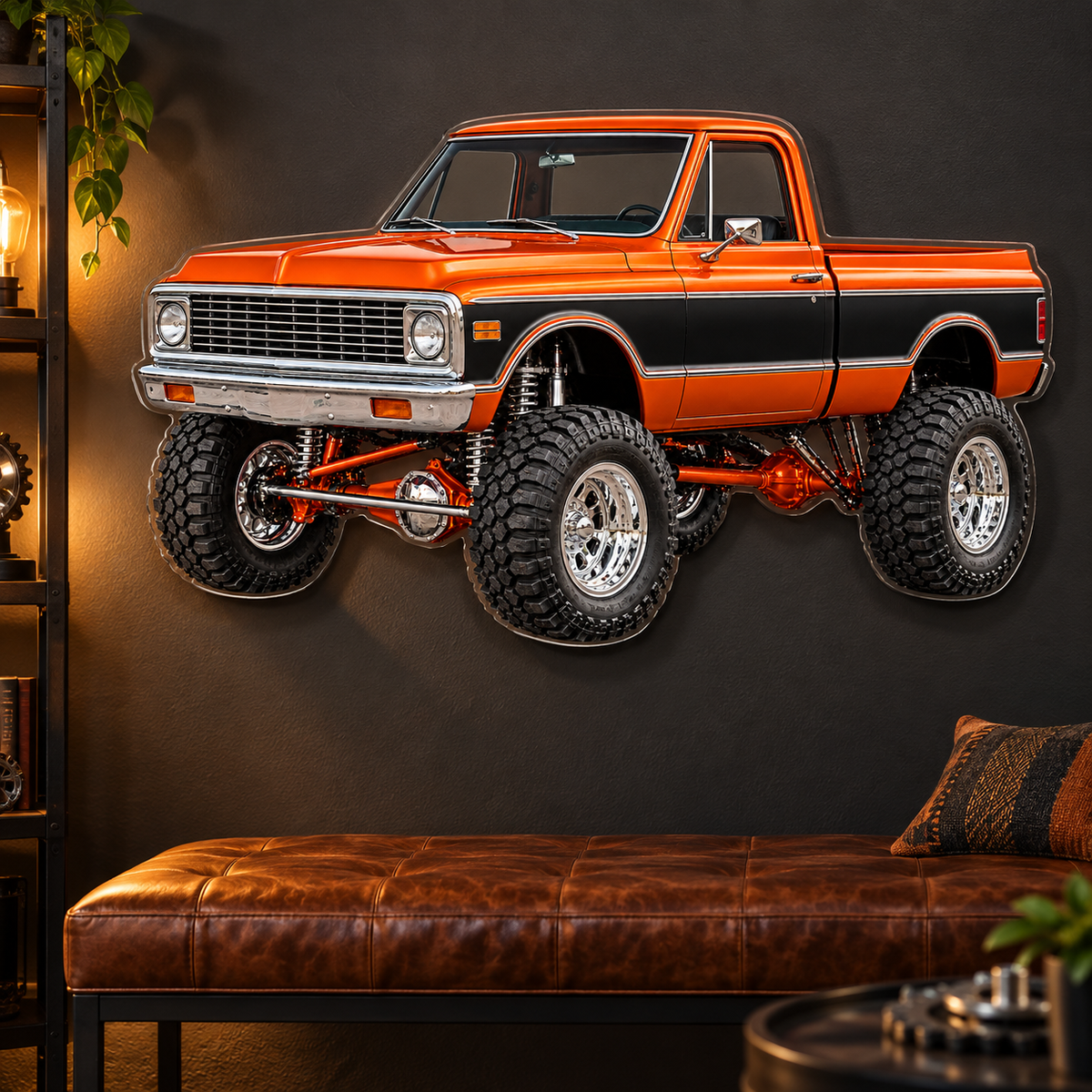 Orange & Black classic lifted truck contour cut acrylic wall sign — lounge mockup
