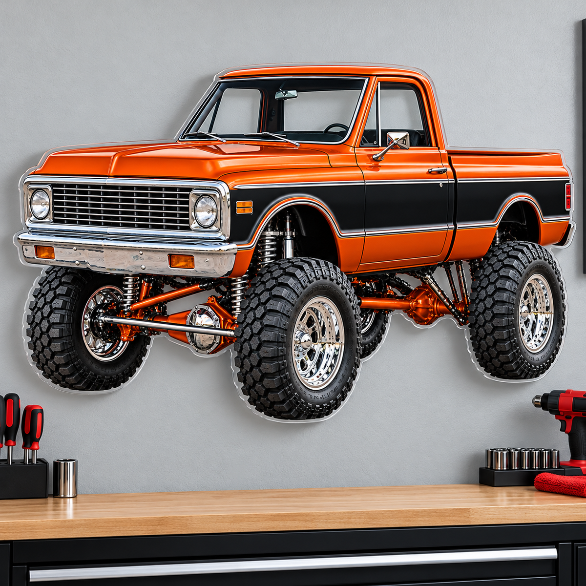 Orange & Black classic lifted truck contour cut acrylic wall sign — wall mockup