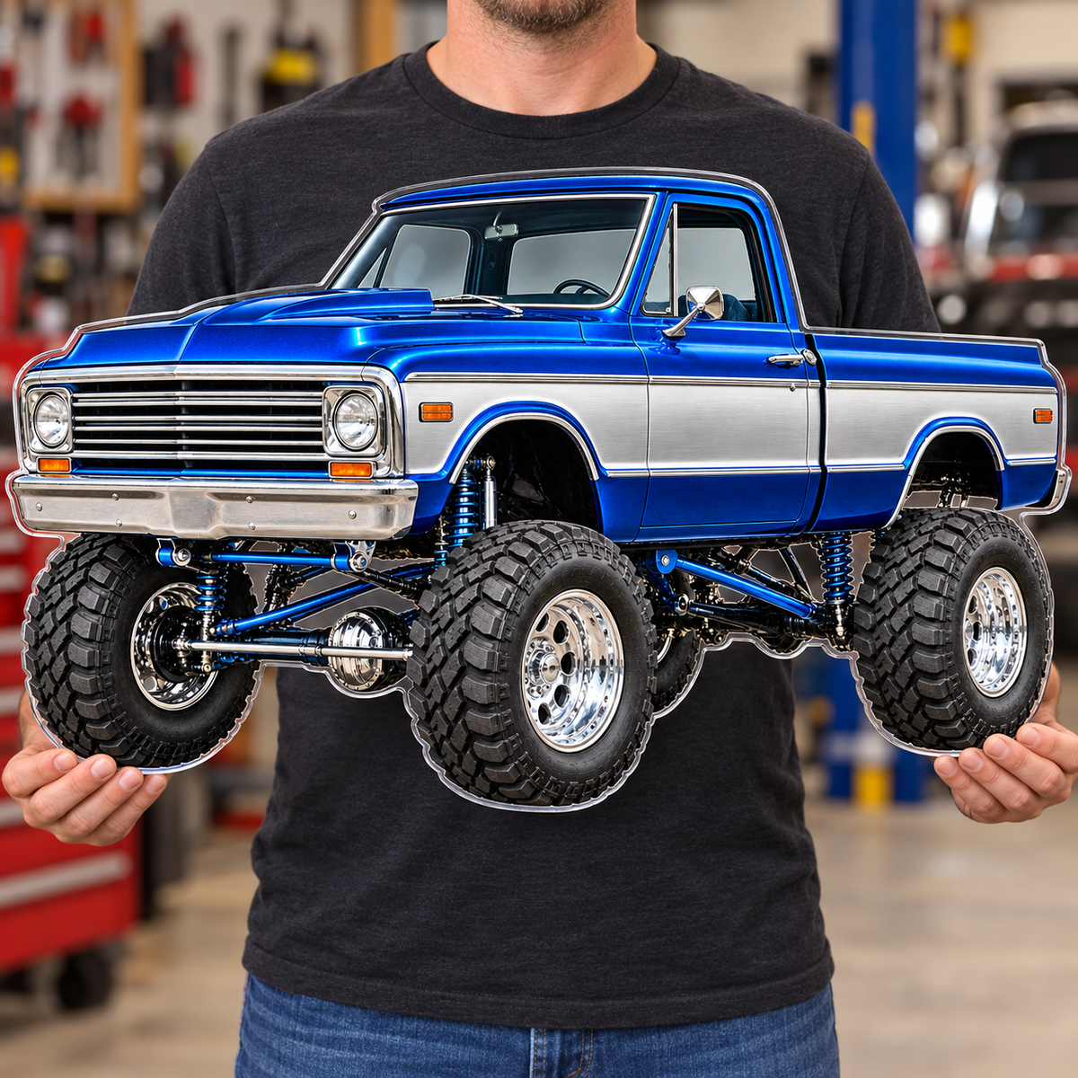 Blue & Silver classic lifted truck contour cut acrylic wall sign — held mockup