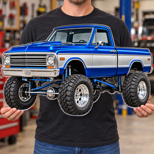 Blue & Silver classic lifted truck contour cut acrylic wall sign — held mockup