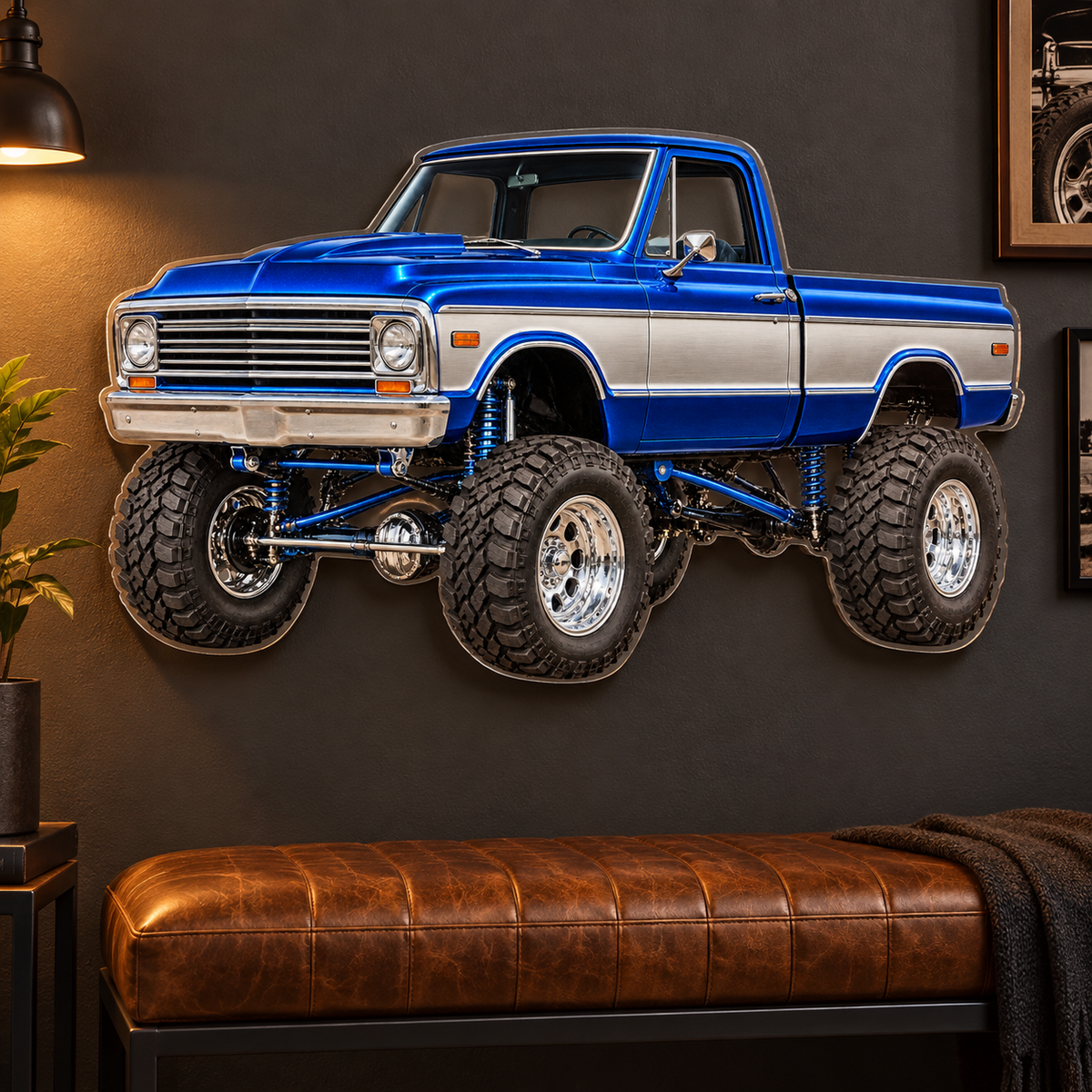 Blue & Silver classic lifted truck contour cut acrylic wall sign — lounge mockup