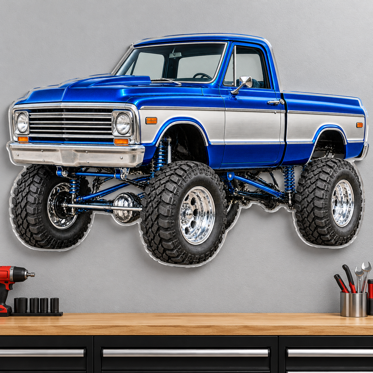 Blue & Silver classic lifted truck contour cut acrylic wall sign — wall mockup