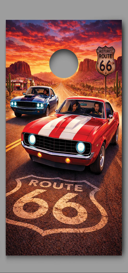 Classic Car Showdown on Route 66 Corn hole Decal Wraps