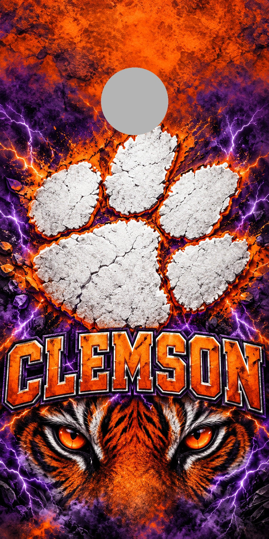 Clemson Purple Thunder cornhole wrap with plain gray hole placement preview