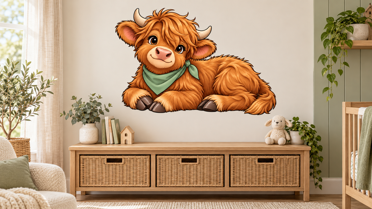 Clover Baby Highland Cow Large Wall Decal room mockup, illustrative size