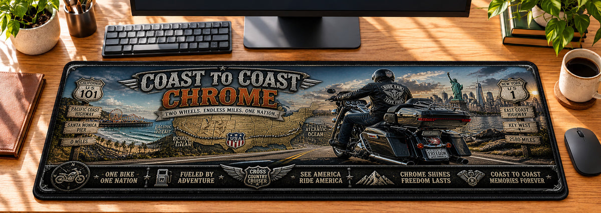 Coast to Coast Chrome Desk Mat in use on a warm wood office desk — overhead workspace view