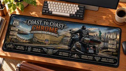 Coast to Coast Chrome Desk Mat in use on a warm wood office desk — angled workspace view