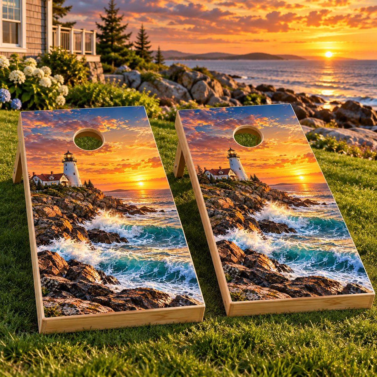Coastal Lighthouse installed cornhole board mockup; boards not included